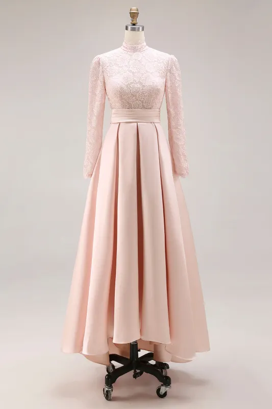 Candy Pink A Line High Neck Long Sleeves Mother of the Bride Dress with Lace made by Zapaka