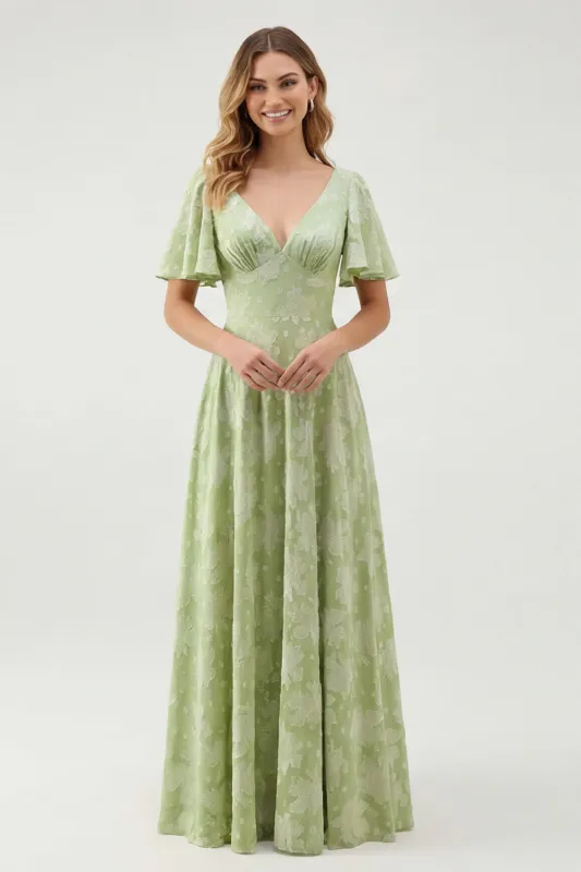 Green Floral A Line V-Neck Long Bridesmaid Dress with Short Sleeves made by Zapaka