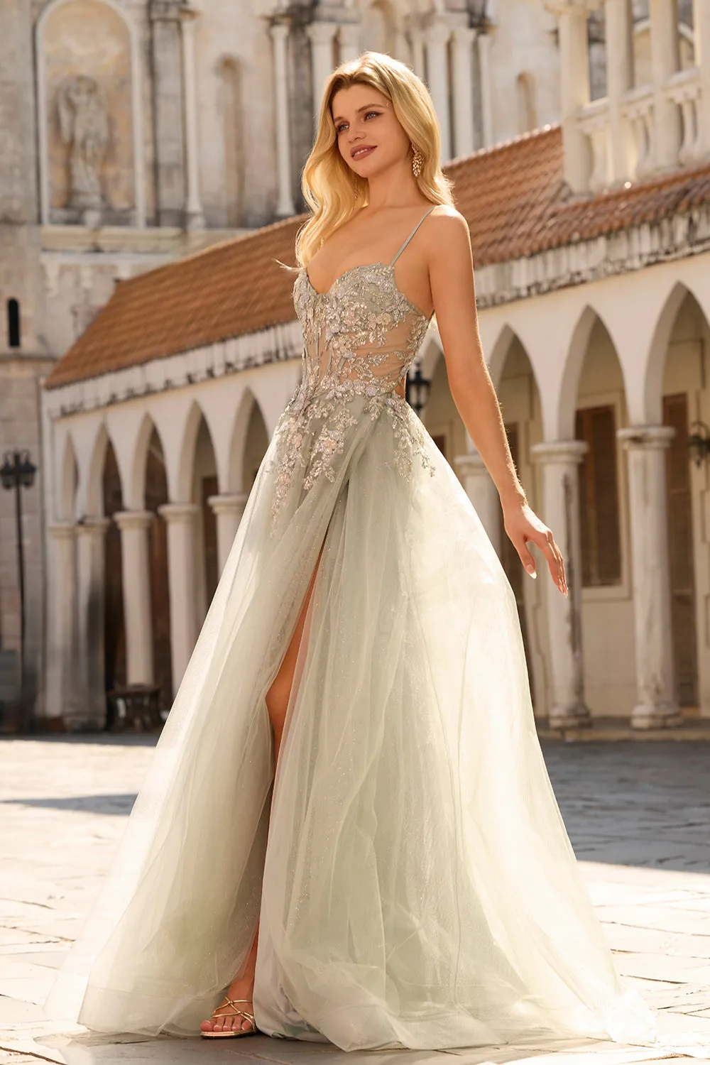 Dusty Sage Appliqued A-Line Corset Long Tulle Prom Dress with Slit sold by Zapaka product image thumbnail 3