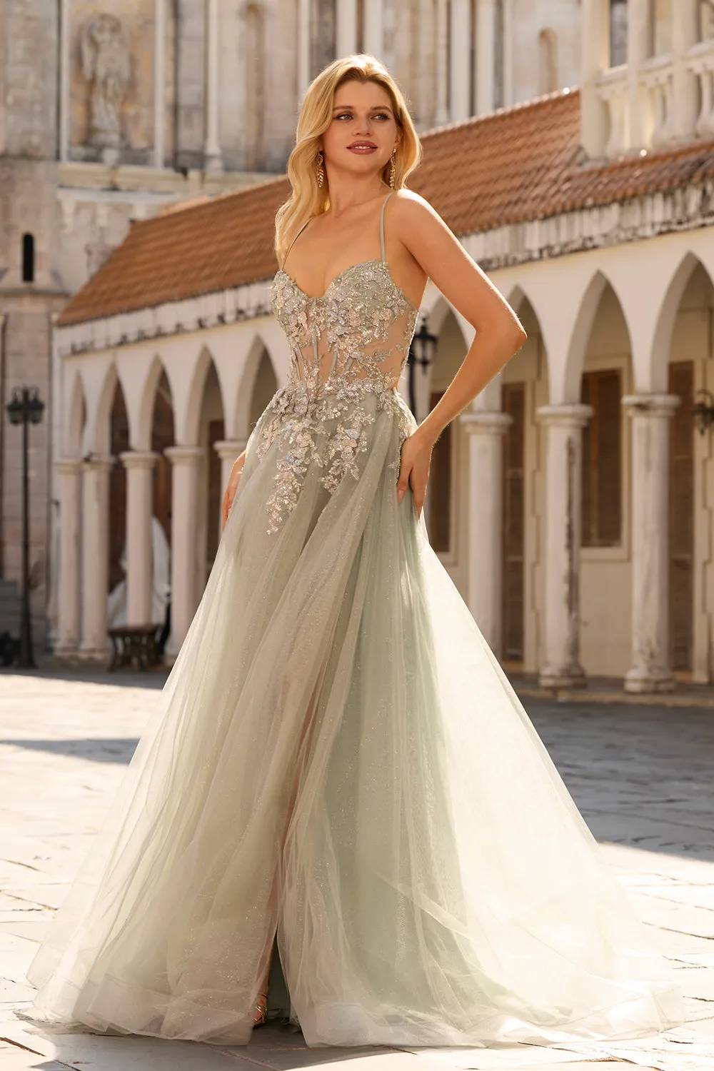 Dusty Sage Appliqued A-Line Corset Long Tulle Prom Dress with Slit sold by Zapaka