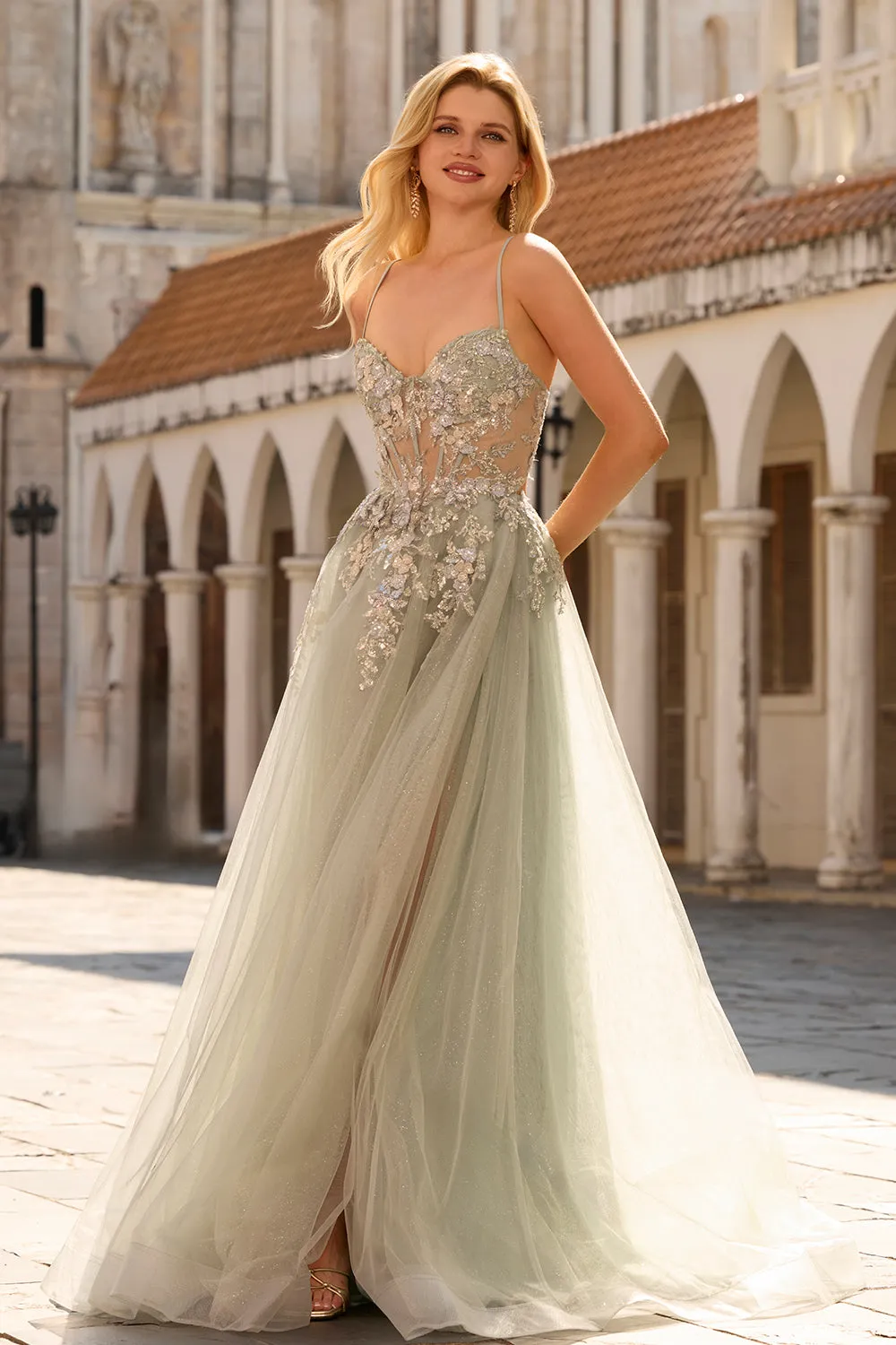 Dusty Sage Appliqued A-Line Corset Long Tulle Prom Dress with Slit sold by Zapaka product image thumbnail 5