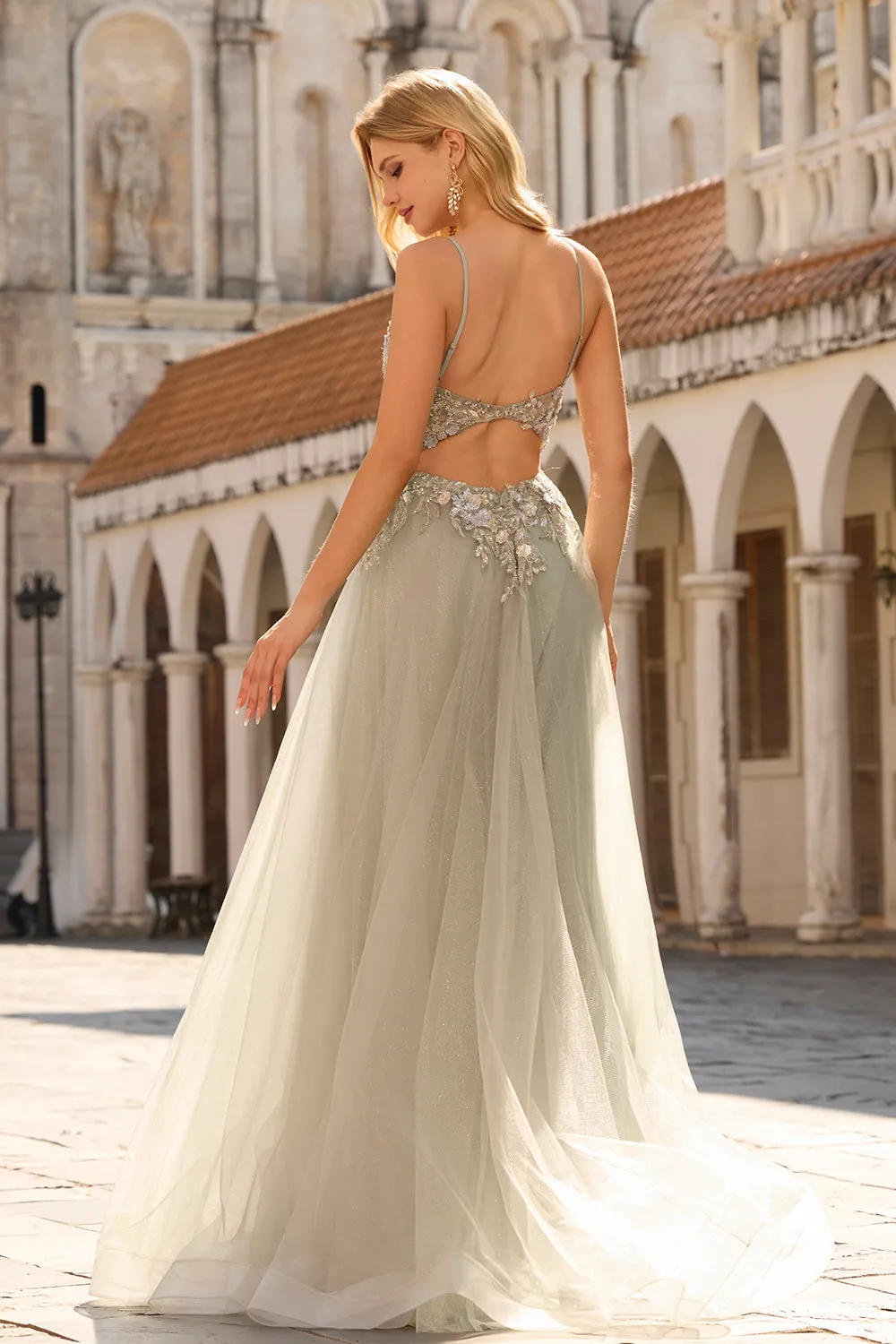 Dusty Sage Appliqued A-Line Corset Long Tulle Prom Dress with Slit sold by Zapaka product image thumbnail 2
