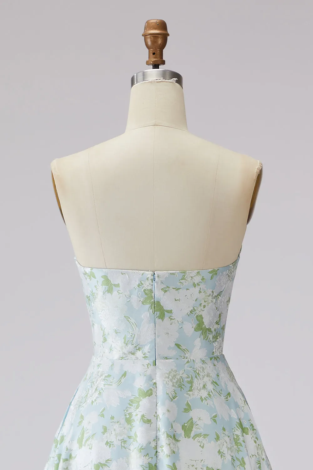 Strapless A Line Blue White Flower Printed Satin Long Prom Dress sold by Zapaka product image thumbnail 5
