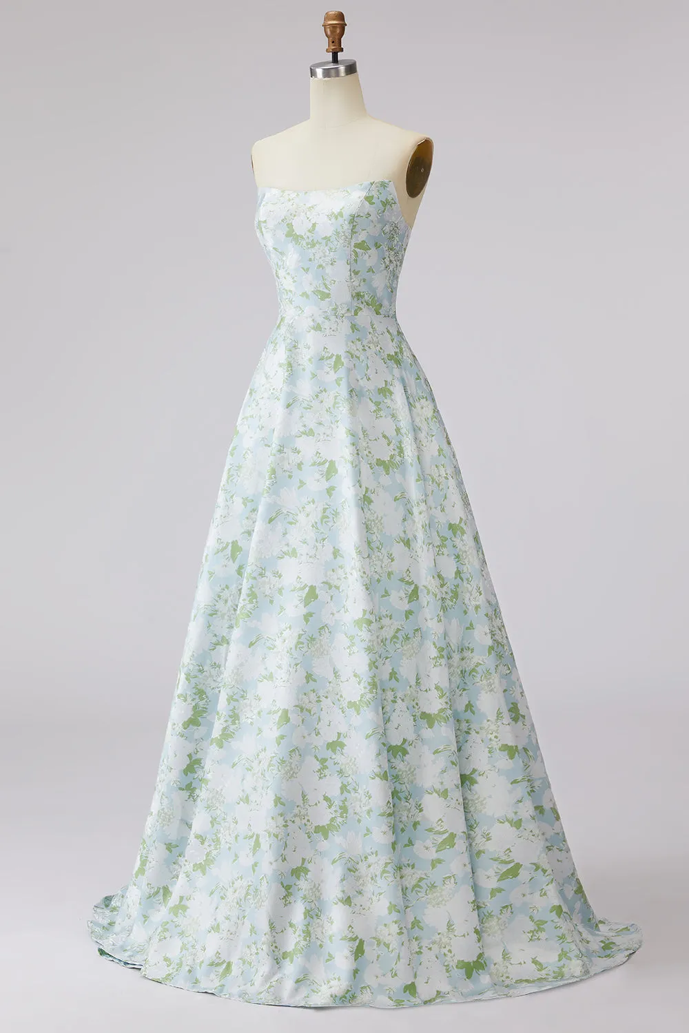 Strapless A Line Blue White Flower Printed Satin Long Prom Dress sold by Zapaka product image thumbnail 3