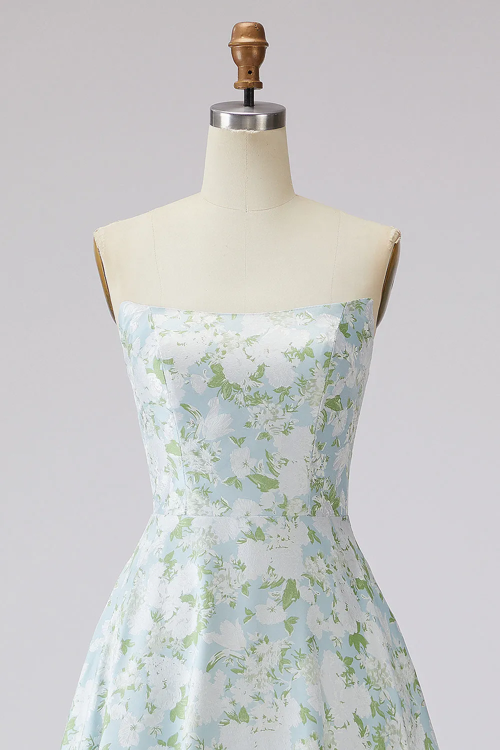 Strapless A Line Blue White Flower Printed Satin Long Prom Dress sold by Zapaka product image thumbnail 4