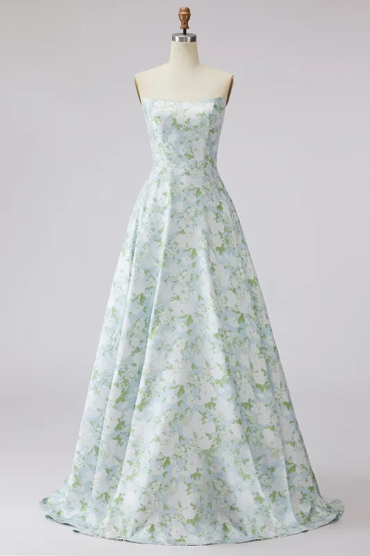 Strapless A Line Blue White Flower Printed Satin Long Prom Dress made by Zapaka