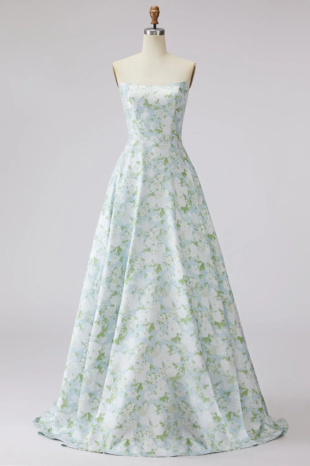 Strapless A Line Blue White Flower Printed Satin Long Prom Dress sold by Zapaka