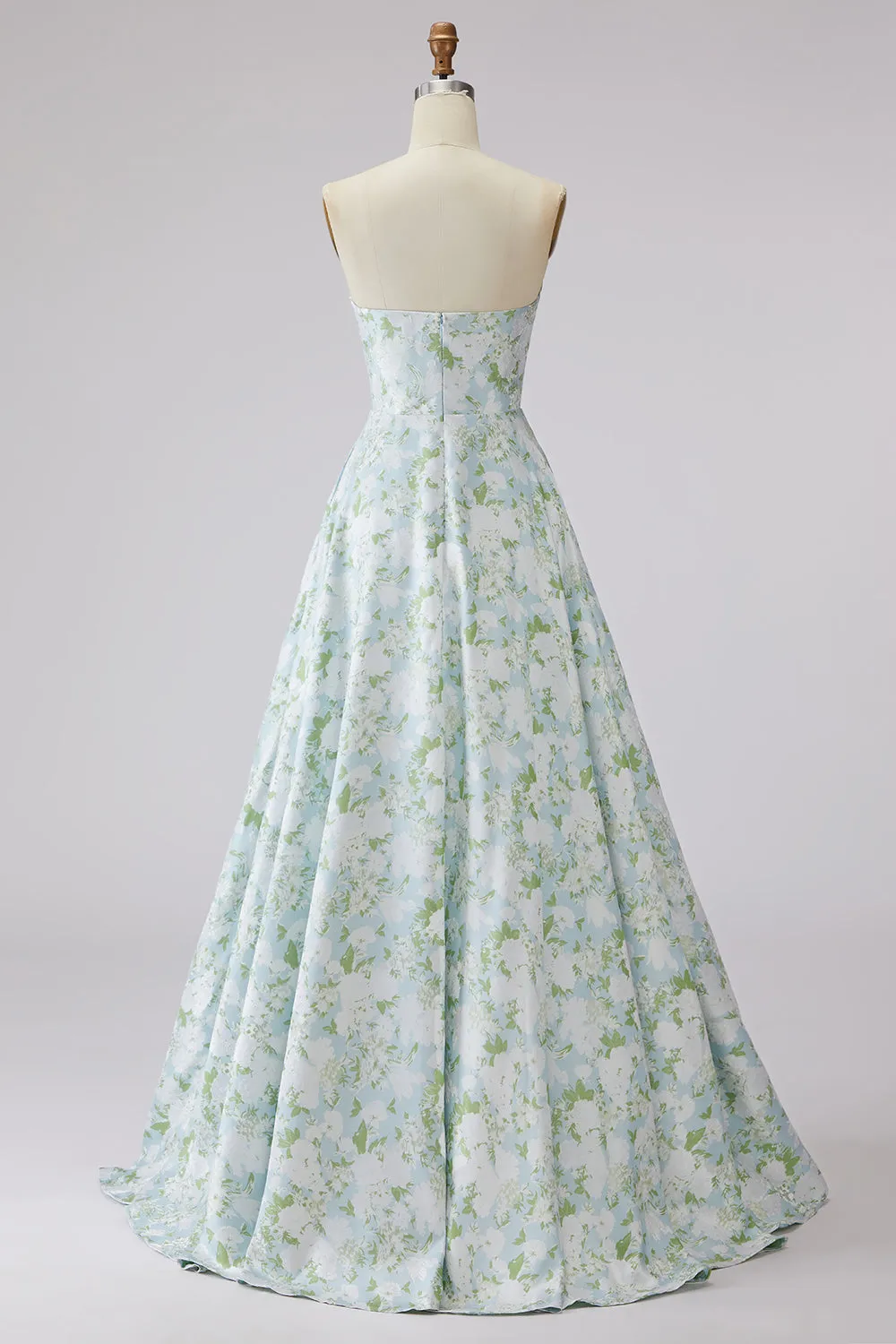 Strapless A Line Blue White Flower Printed Satin Long Prom Dress sold by Zapaka product image thumbnail 2