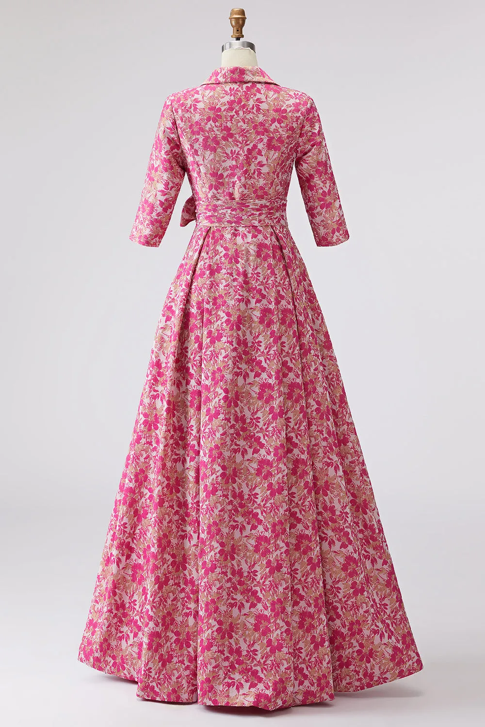 Fuchsia Floral A Line Shirt Collar Long Mother of the Bride Dress with Waist Tie sold by Zapaka product image thumbnail 2