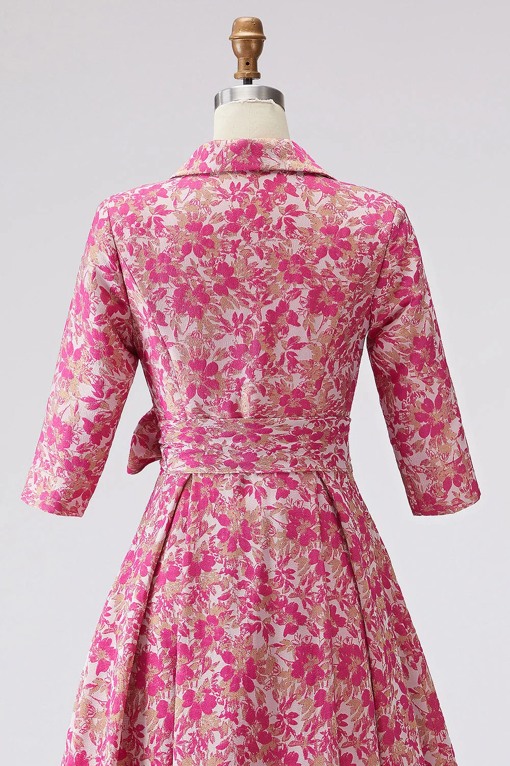 Fuchsia Floral A Line Shirt Collar Long Mother of the Bride Dress with Waist Tie sold by Zapaka product image thumbnail 5