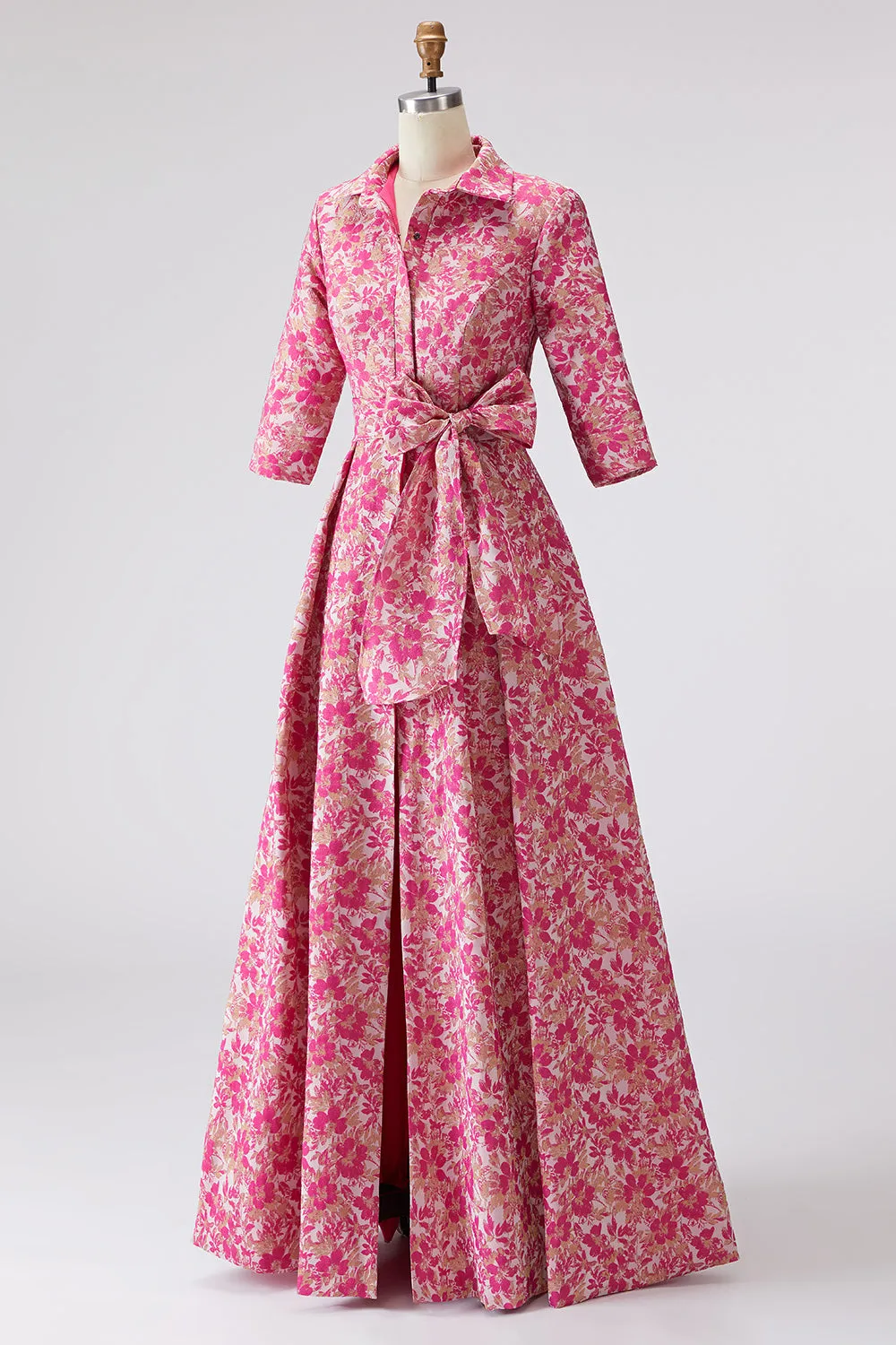 Fuchsia Floral A Line Shirt Collar Long Mother of the Bride Dress with Waist Tie sold by Zapaka product image thumbnail 3