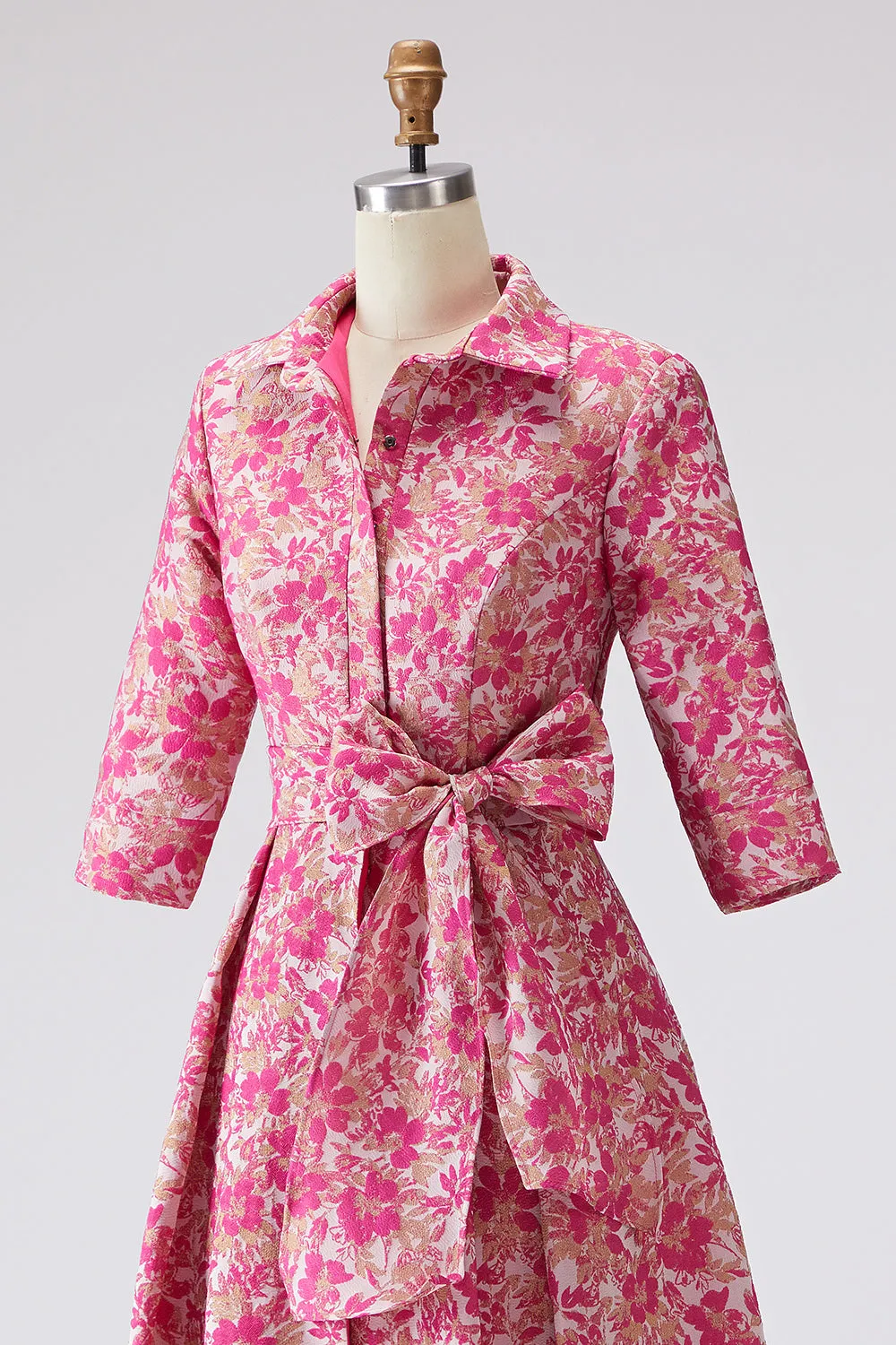 Fuchsia Floral A Line Shirt Collar Long Mother of the Bride Dress with Waist Tie sold by Zapaka product image thumbnail 4