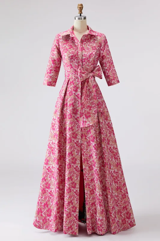 Fuchsia Floral A Line Shirt Collar Long Mother of the Bride Dress with Waist Tie sold by Zapaka