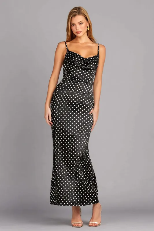 Black Mermaid Spaghetti Straps Satin Polka Dots Dress made by Zapaka