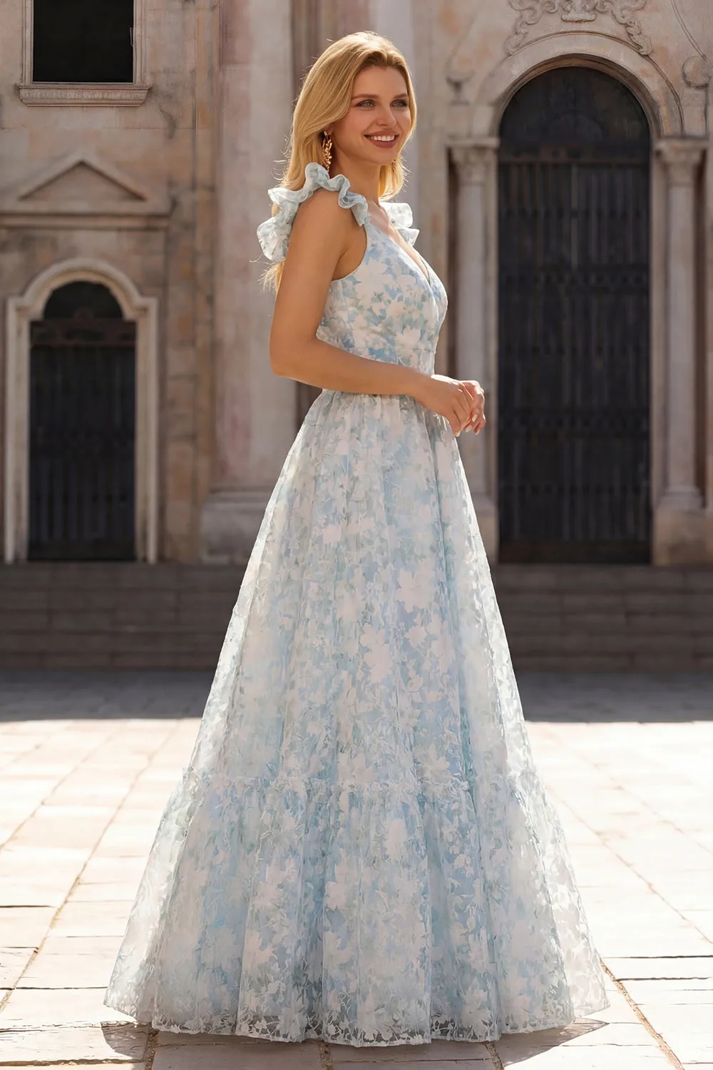 Light Blue A-Line Printed Floral V-Neck Long Prom Dress sold by Zapaka product image thumbnail 3