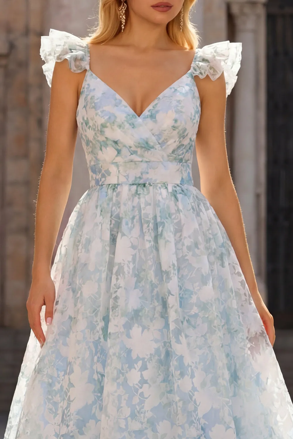 Light Blue A-Line Printed Floral V-Neck Long Prom Dress sold by Zapaka product image thumbnail 4