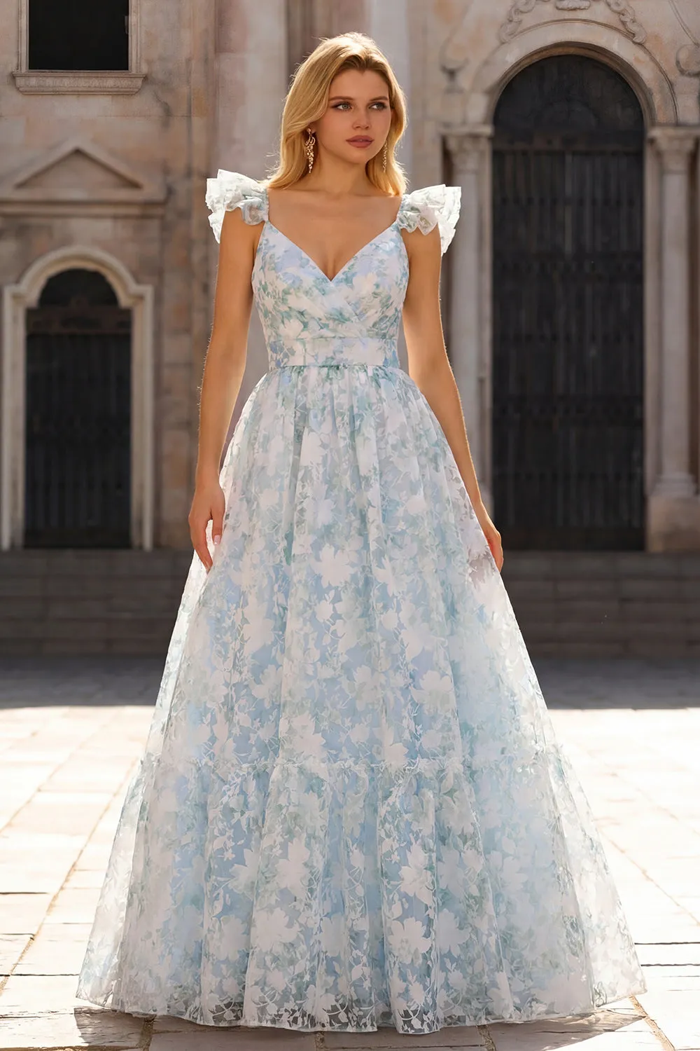 Light Blue A-Line Printed Floral V-Neck Long Prom Dress sold by Zapaka