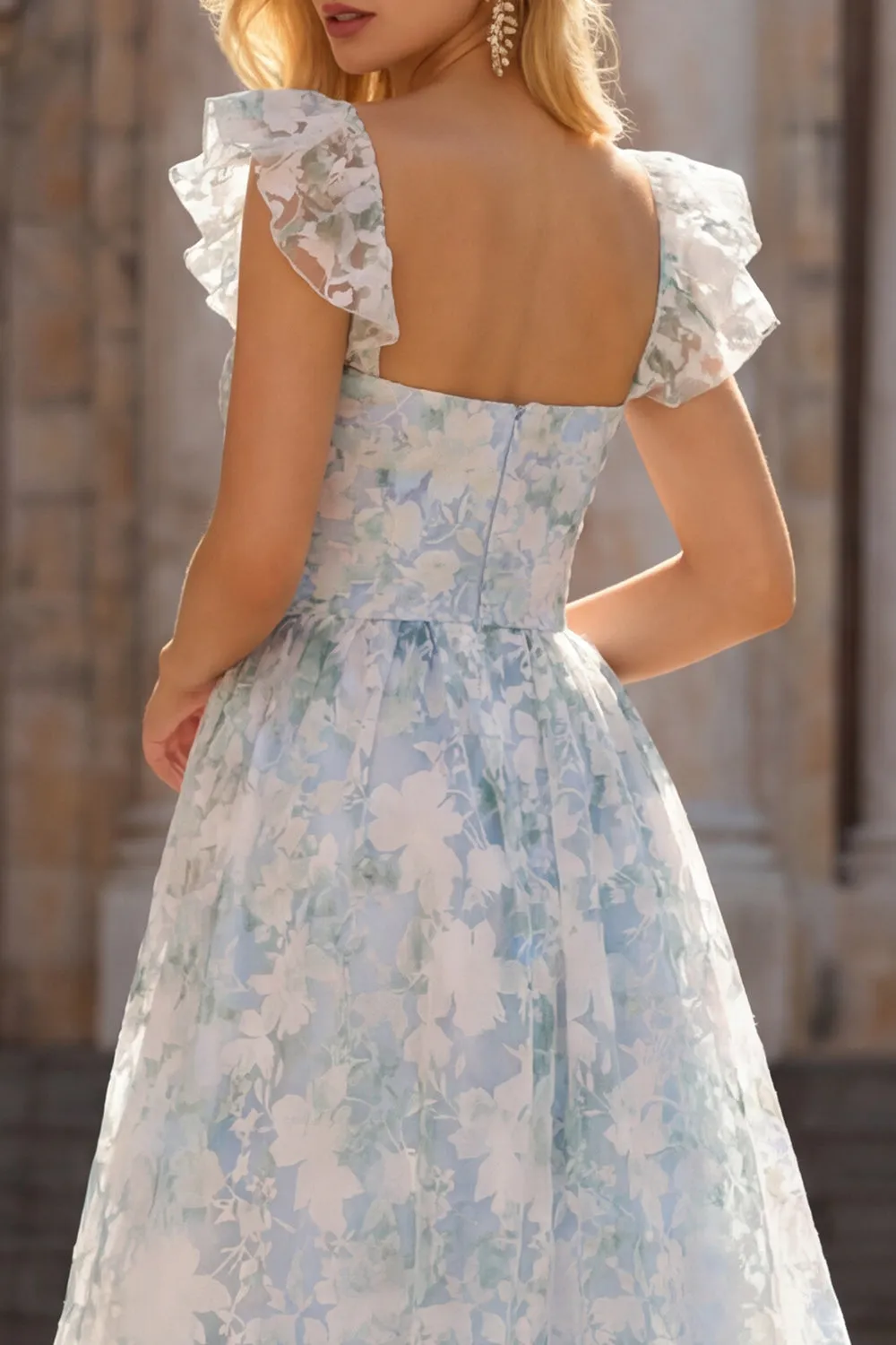 Light Blue A-Line Printed Floral V-Neck Long Prom Dress sold by Zapaka product image thumbnail 5