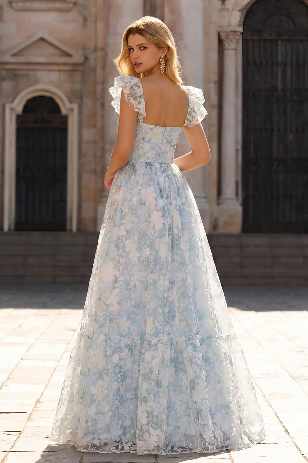 Light Blue A-Line Printed Floral V-Neck Long Prom Dress sold by Zapaka product image thumbnail 2