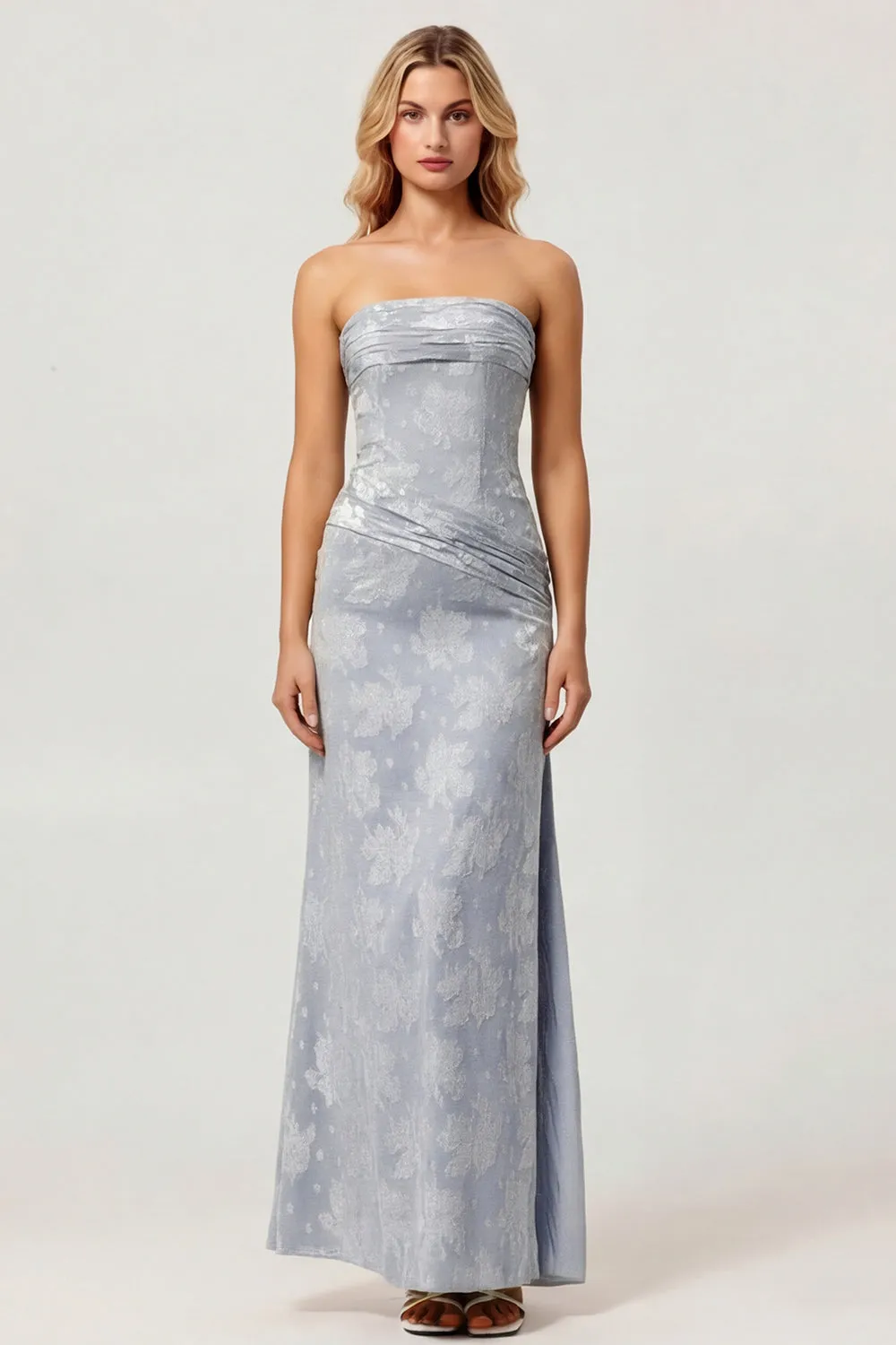 Dusty Blue Print Strapless Sheath Ruched Midi Dress with Slit sold by Zapaka