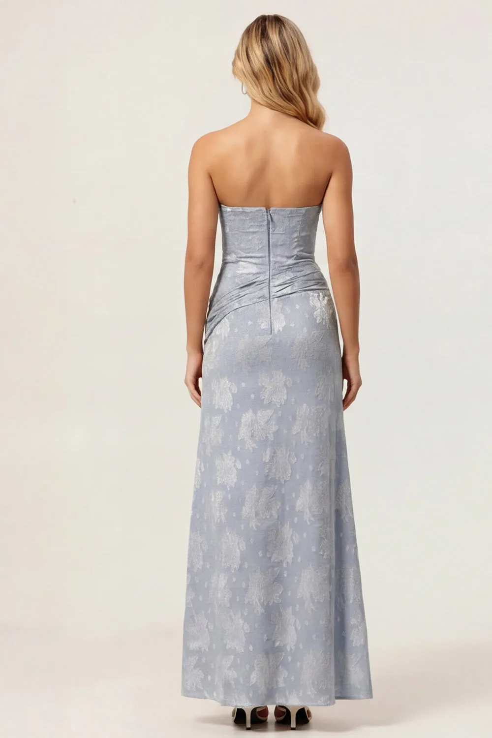 Dusty Blue Print Strapless Sheath Ruched Midi Dress with Slit sold by Zapaka product image thumbnail 2