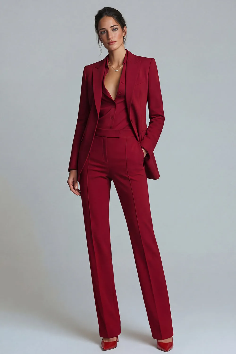 Burgundy 2 Piece Peak Lapel Women's Work Suits sold by Zapaka