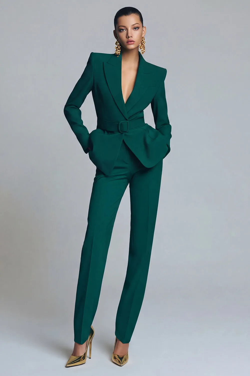 Women's Dark Green Peak Lapel 2-piece Work Suits with Belt sold by Zapaka