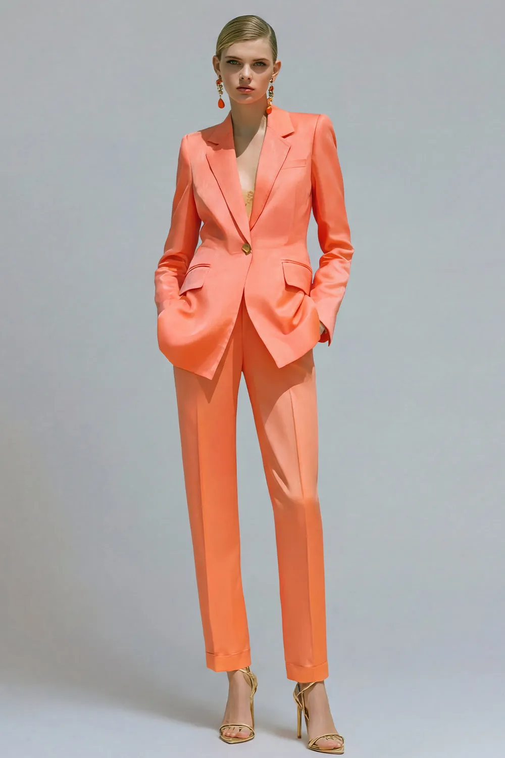 Orange Notched Lapel 2-piece One Button Women's Work Suits sold by Zapaka