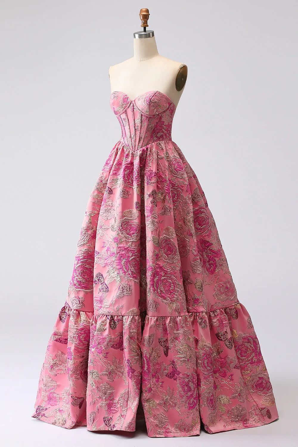 Fuchsia Jacquard A Line Corset Strapless Long Prom Dress sold by Zapaka product image thumbnail 3
