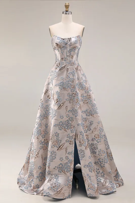 Silver Jacquard Strapless A Line Corset Long Prom Dress with Slit made by Zapaka