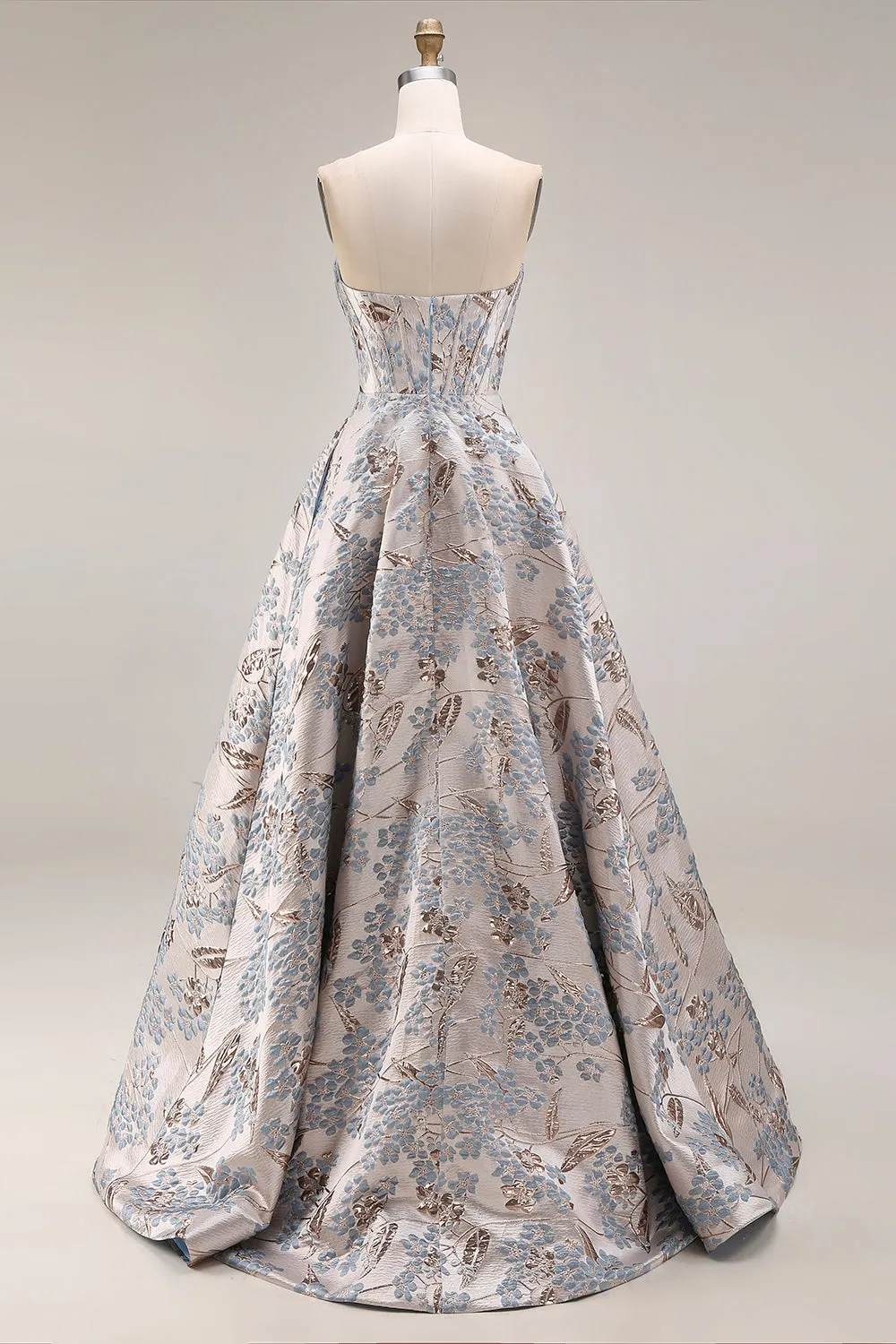 Silver Jacquard Strapless A Line Corset Long Prom Dress with Slit sold by Zapaka product image thumbnail 2