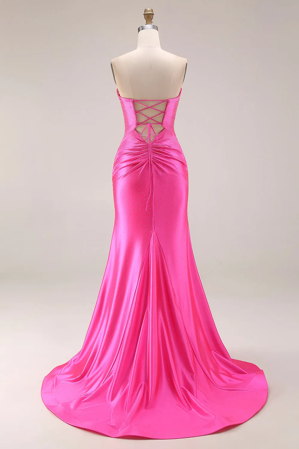 Hot Pink Beaded Mermaid Cut Out Ruched Strapless Long Prom Dress with Slit sold by Zapaka product image thumbnail 2
