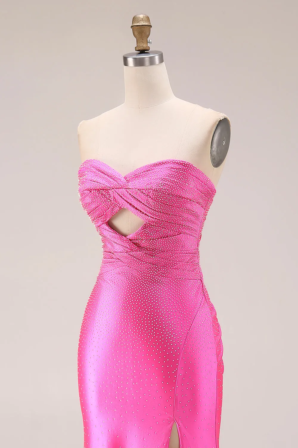 Hot Pink Beaded Mermaid Cut Out Ruched Strapless Long Prom Dress with Slit sold by Zapaka product image thumbnail 5