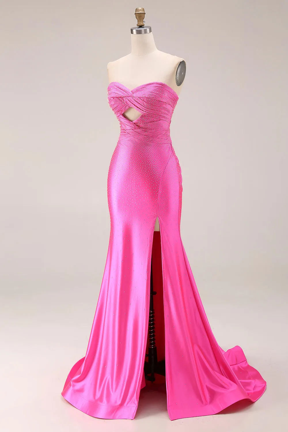 Hot Pink Beaded Mermaid Cut Out Ruched Strapless Long Prom Dress with Slit sold by Zapaka product image thumbnail 3
