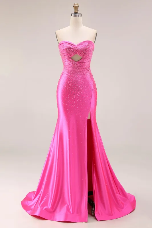 Hot Pink Beaded Mermaid Cut Out Ruched Strapless Long Prom Dress with Slit made by Zapaka