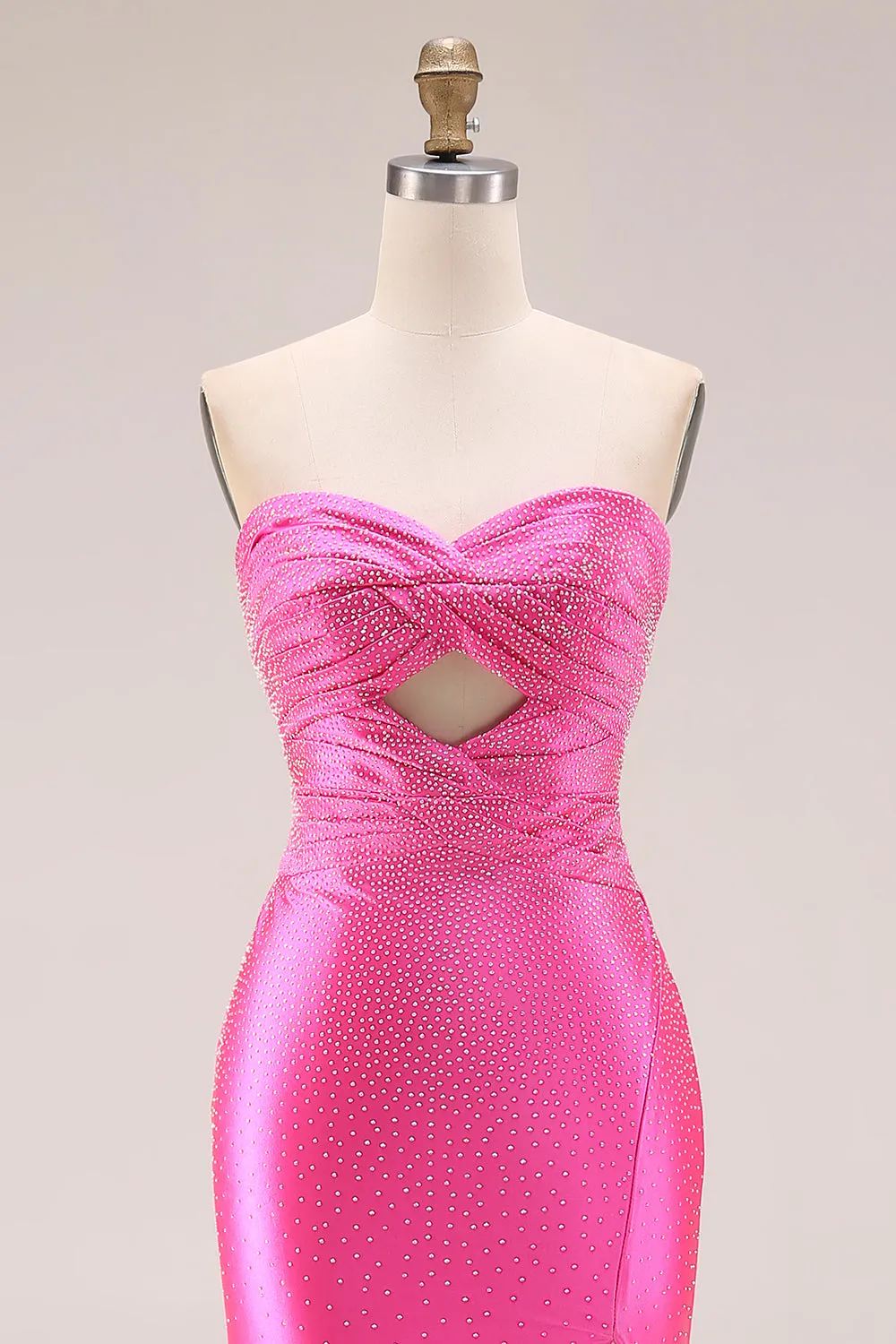 Hot Pink Beaded Mermaid Cut Out Ruched Strapless Long Prom Dress with Slit sold by Zapaka product image thumbnail 4