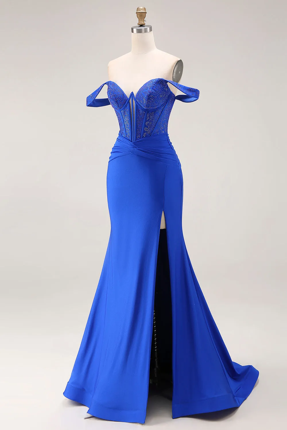 Royal Blue Beaded Corset Mermaid Off the Shoulder Long Prom Dress with Slit sold by Zapaka product image thumbnail 3