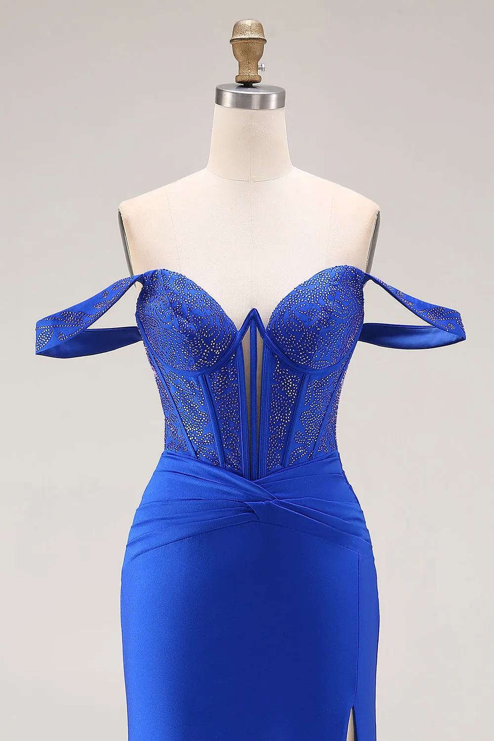 Royal Blue Beaded Corset Mermaid Off the Shoulder Long Prom Dress with Slit sold by Zapaka product image thumbnail 4