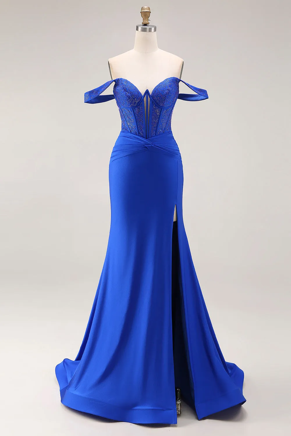Royal Blue Beaded Corset Mermaid Off the Shoulder Long Prom Dress with Slit sold by Zapaka