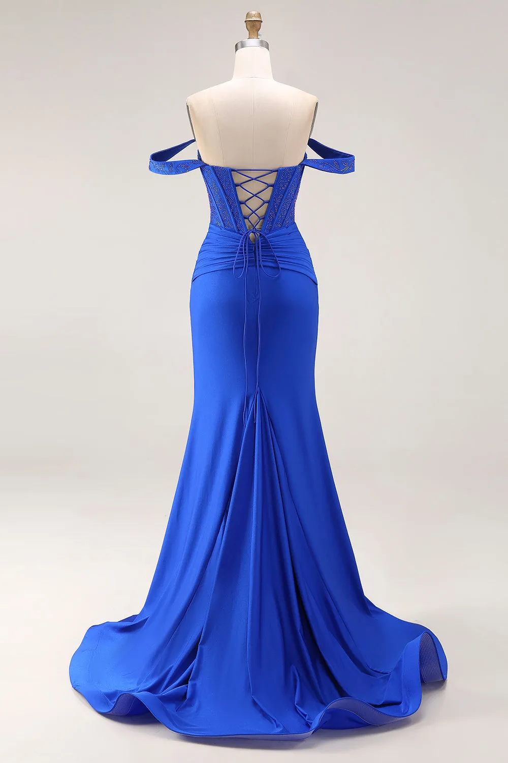 Royal Blue Beaded Corset Mermaid Off the Shoulder Long Prom Dress with Slit sold by Zapaka product image thumbnail 2