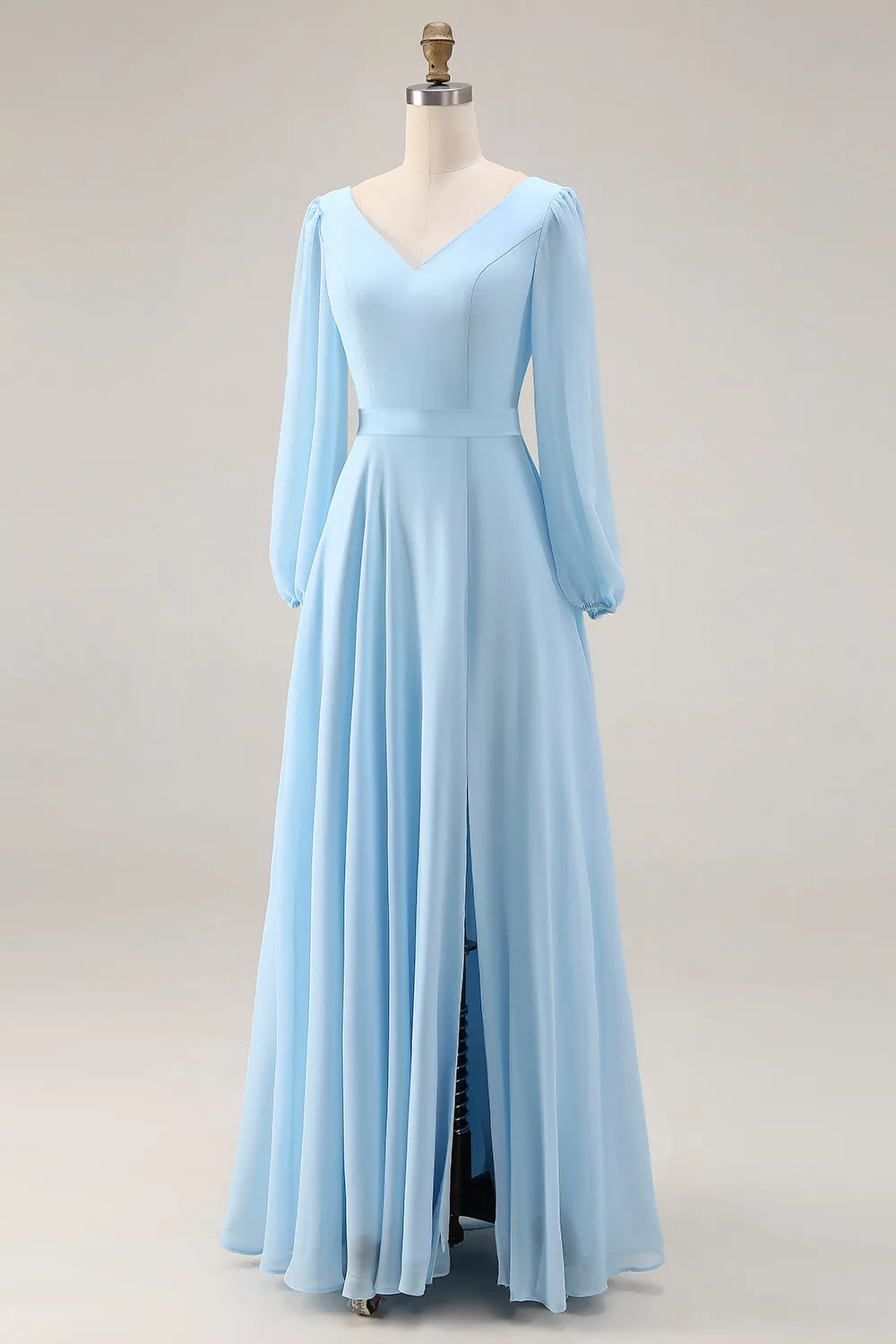 Sky Blue Chiffon A-Line V Neck Maxi Dress with Slit sold by Zapaka product image thumbnail 3