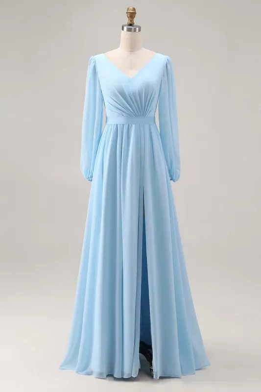 Sky Blue V Neck Long Sleeves Ruched Maxi Dress with Slit made by Zapaka