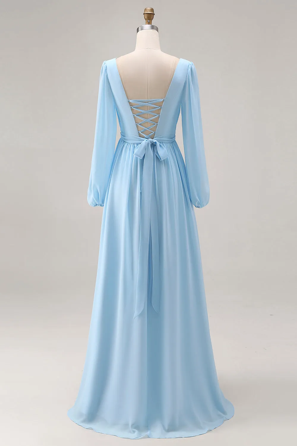 Sky Blue V Neck Long Sleeves Ruched Maxi Dress with Slit sold by Zapaka product image thumbnail 2