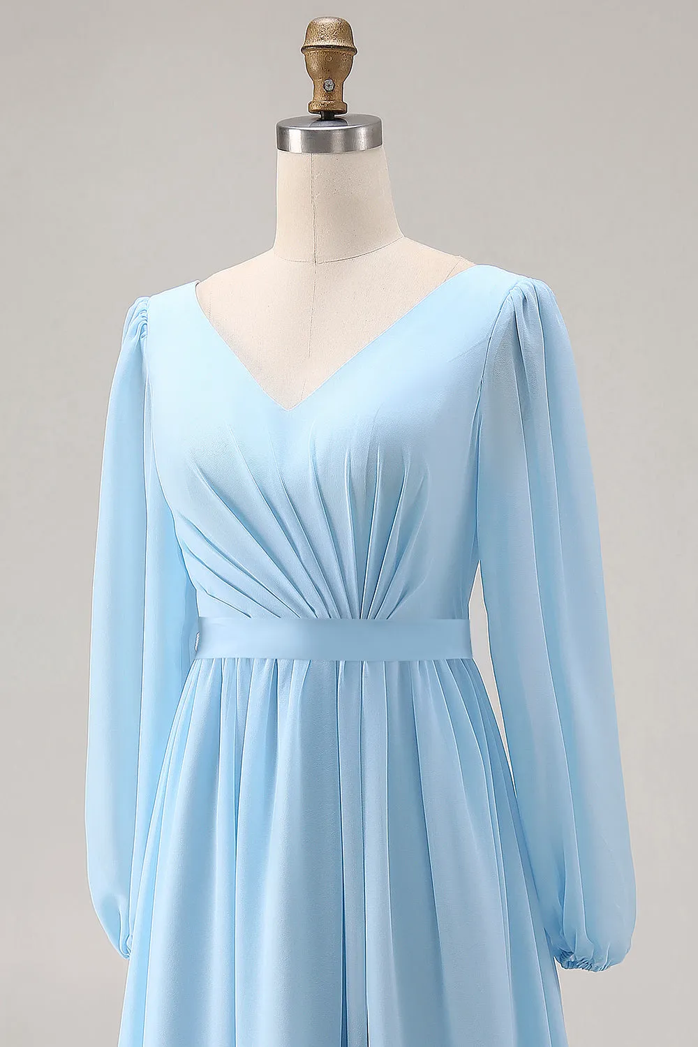 Sky Blue V Neck Long Sleeves Ruched Maxi Dress with Slit sold by Zapaka product image thumbnail 4