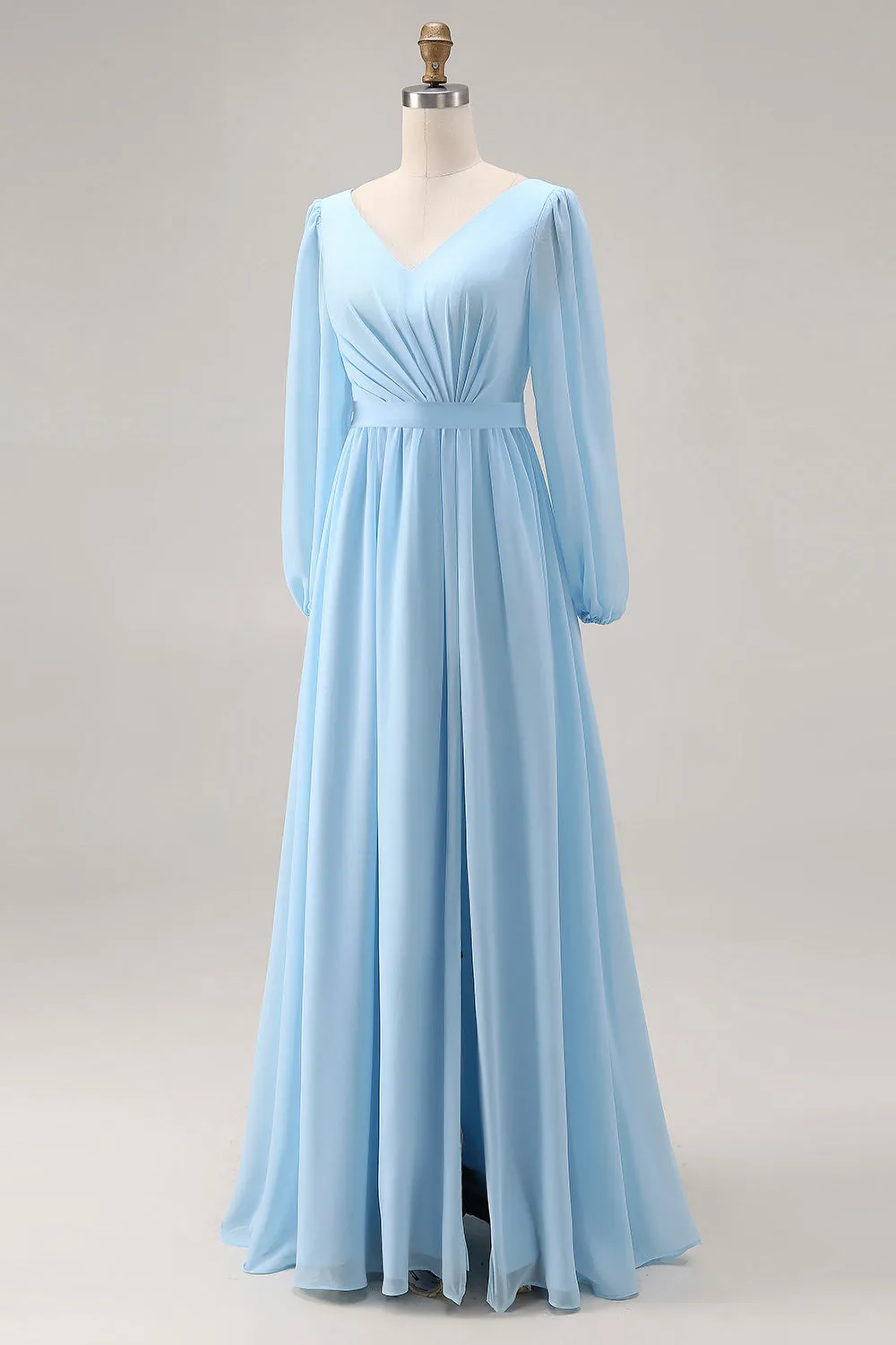 Sky Blue V Neck Long Sleeves Ruched Maxi Dress with Slit sold by Zapaka product image thumbnail 3
