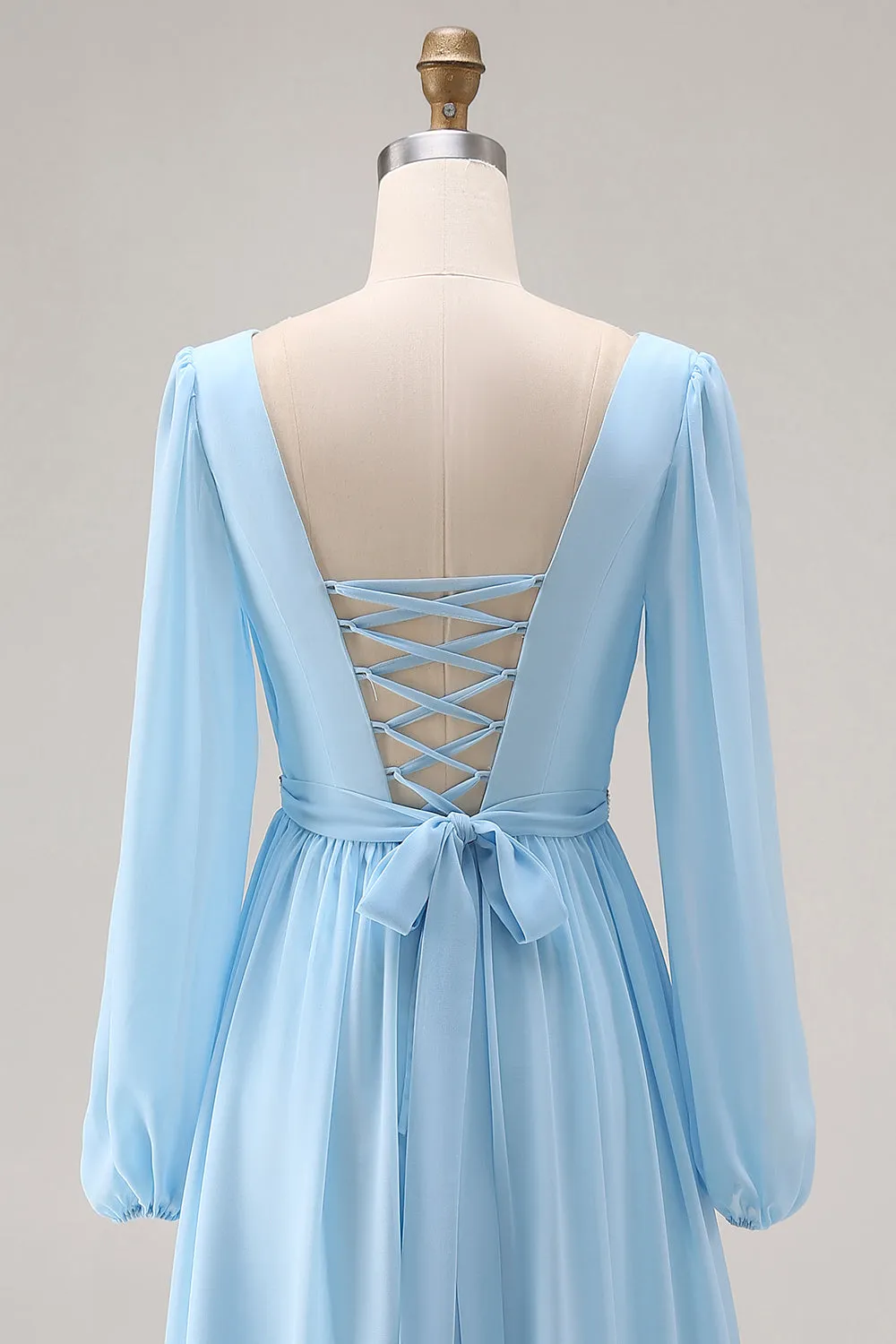 Sky Blue V Neck Long Sleeves Ruched Maxi Dress with Slit sold by Zapaka product image thumbnail 5