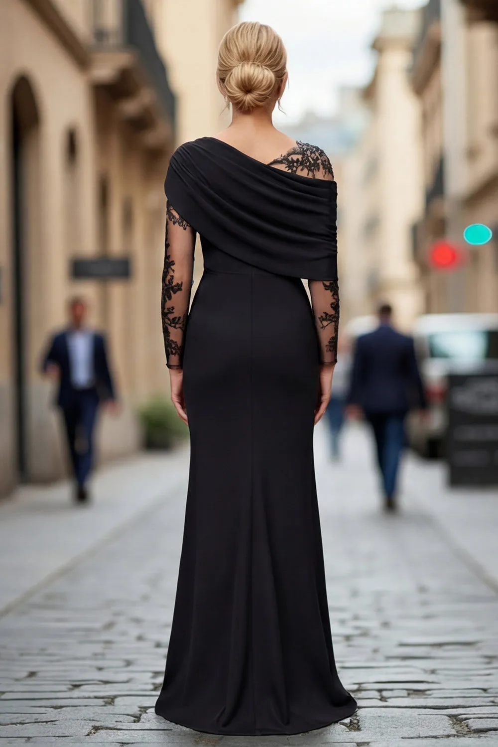 Black Lace Satin One Shoulder Sheath Mother of the Bride Dress sold by Zapaka product image thumbnail 2