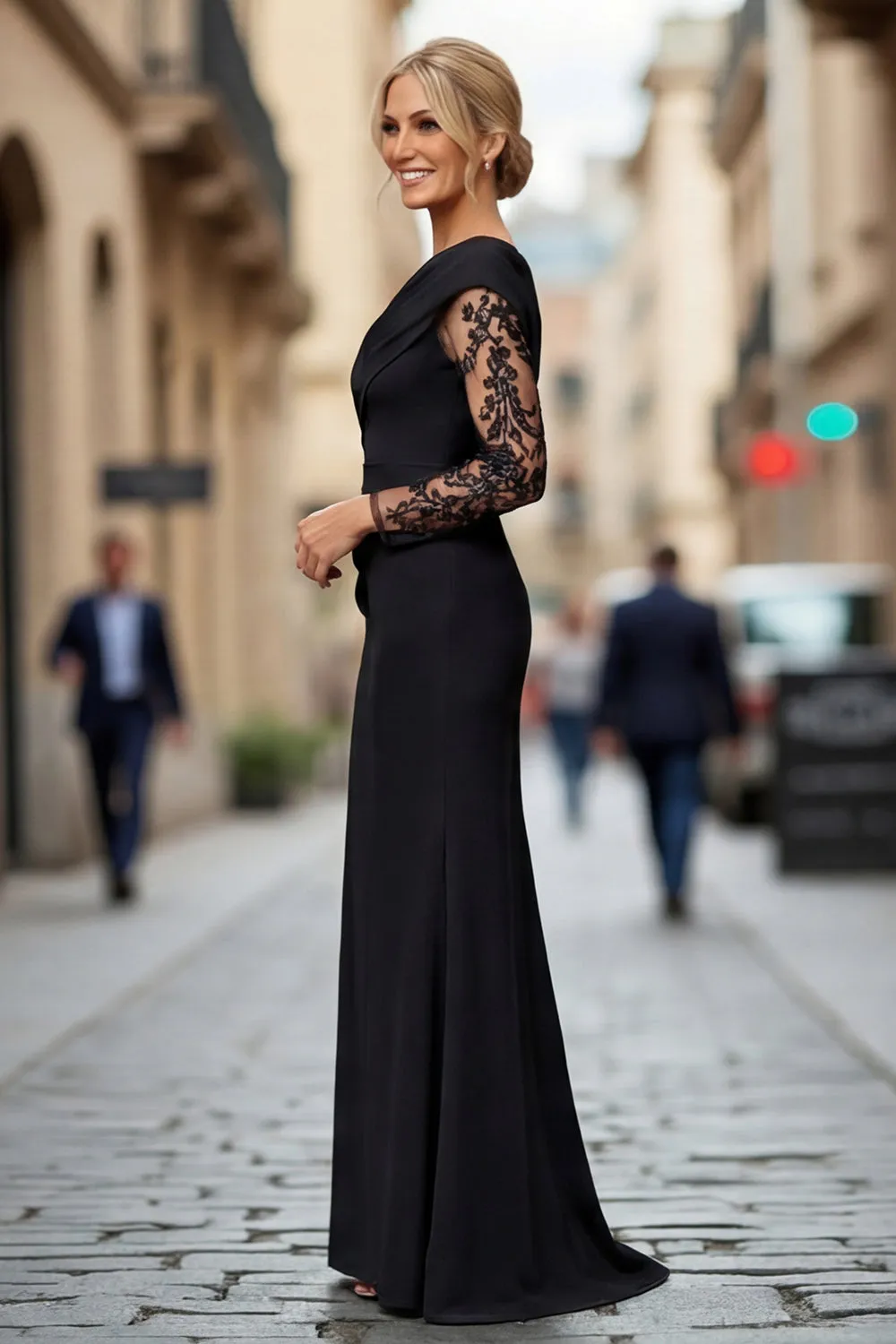 Black Lace Satin One Shoulder Sheath Mother of the Bride Dress sold by Zapaka product image thumbnail 3