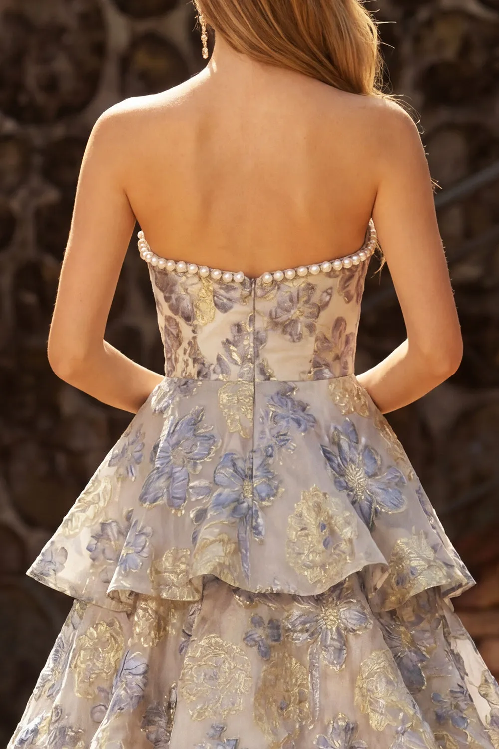 Dusty Blue Jacquard Pearl Strapless A Line Long Tiered Prom Dress with Slit sold by Zapaka product image thumbnail 4
