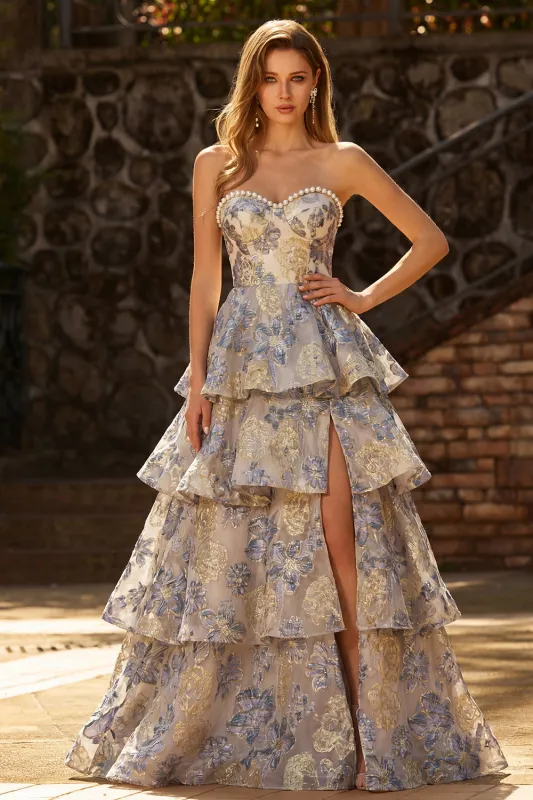 Dusty Blue Jacquard Pearl Strapless A Line Long Tiered Prom Dress with Slit sold by Zapaka